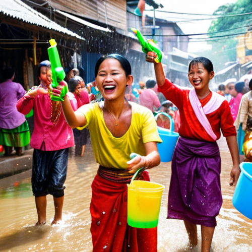 Home 4 **
A vibrant street scene during Thingyan festival in Myanmar. People are joyfully splashing water on each other with water guns and buckets. Colorful traditional clothing is visible. The atmosphere is lively and festive.
**