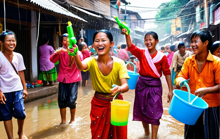 **
A vibrant street scene during Thingyan festival in Myanmar. People are joyfully splashing water on each other with water guns and buckets. Colorful traditional clothing is visible. The atmosphere is lively and festive.
**